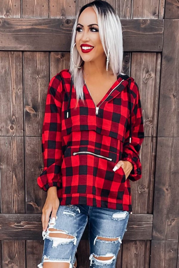 Red Buffalo Plaid Zipped Front Pocketed Hoodie