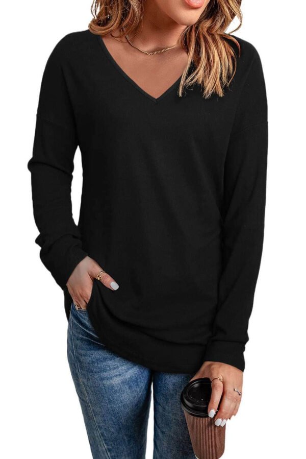 Black Solid Color V Neck Long Sleeve Knit Top