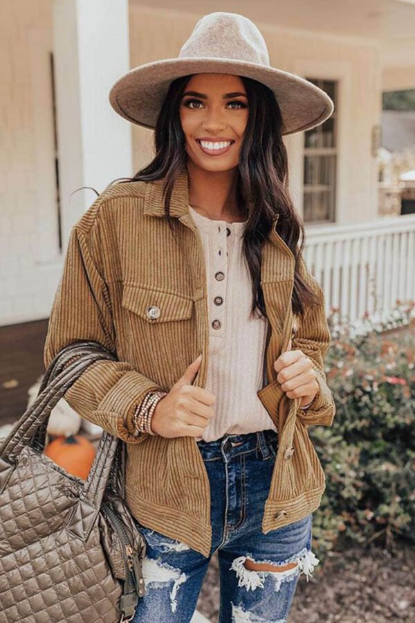 Khaki Ribbed Corduroy Long Sleeve Jacket with Pocket