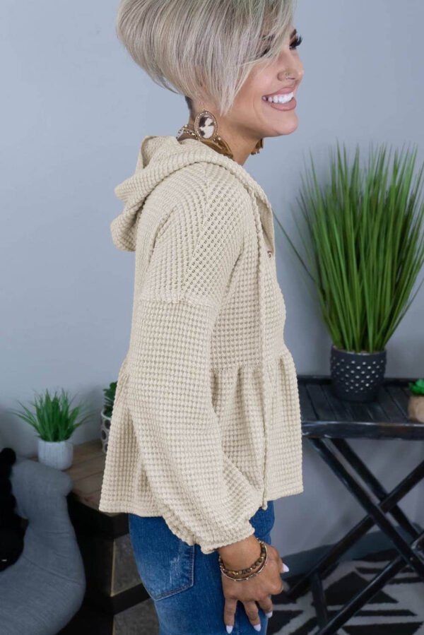 Apricot Waffle Knit Buttons Ruffled Hooded Top