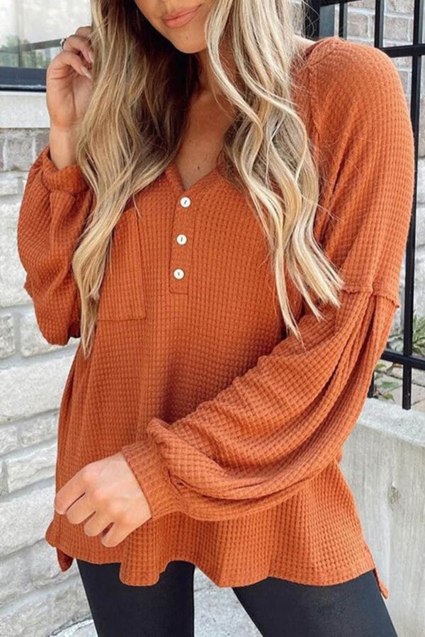 Orange Buttoned V Neck Drop Shoulder Waffle Knit Top