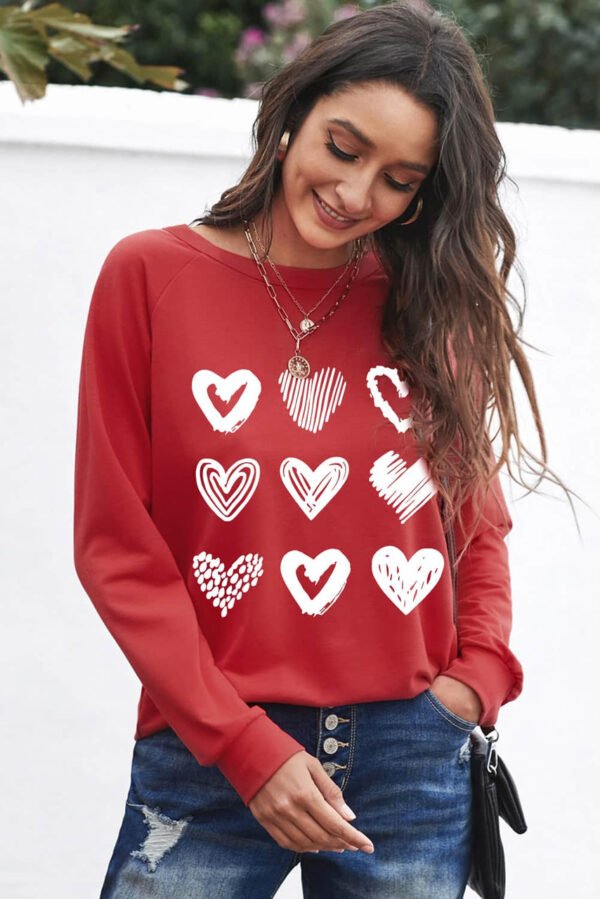 Red Hearts Print Crewneck Long Sleeve Sweatshirt