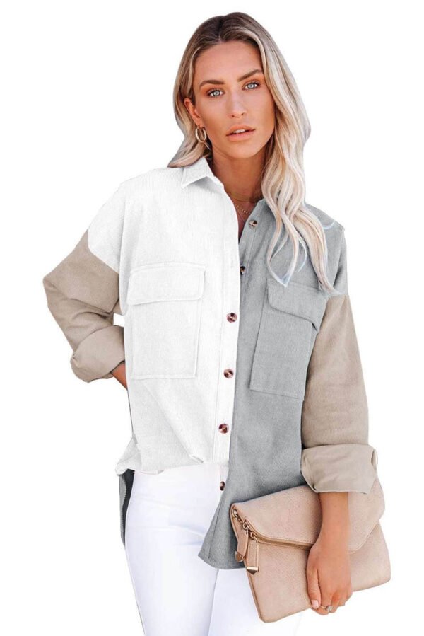 White Color Block Button Shirt with Pocket