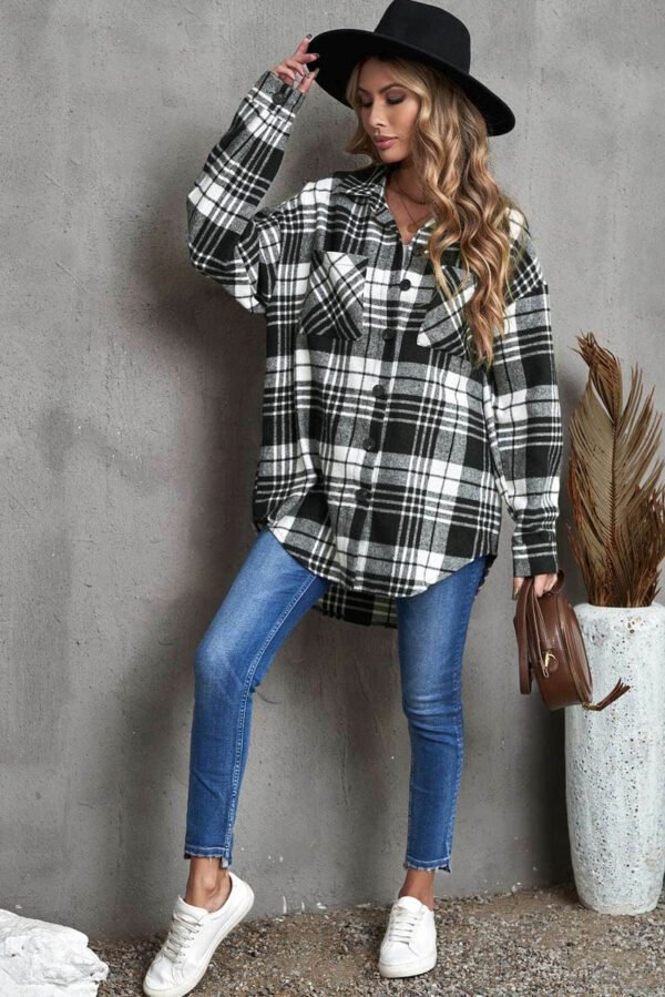 Black Grid Print Boyfriend Shirt Coat