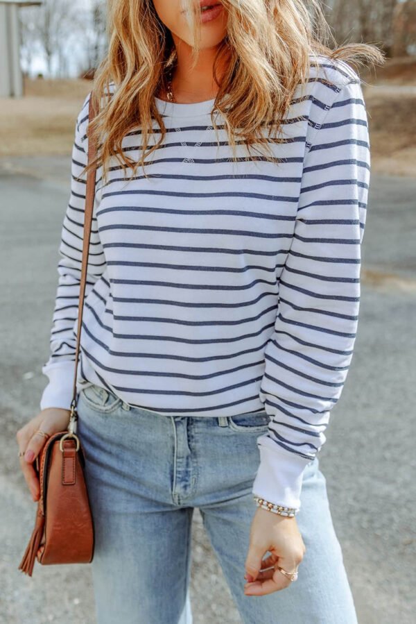 Striped Print Ribbed Trim Long Sleeve Top