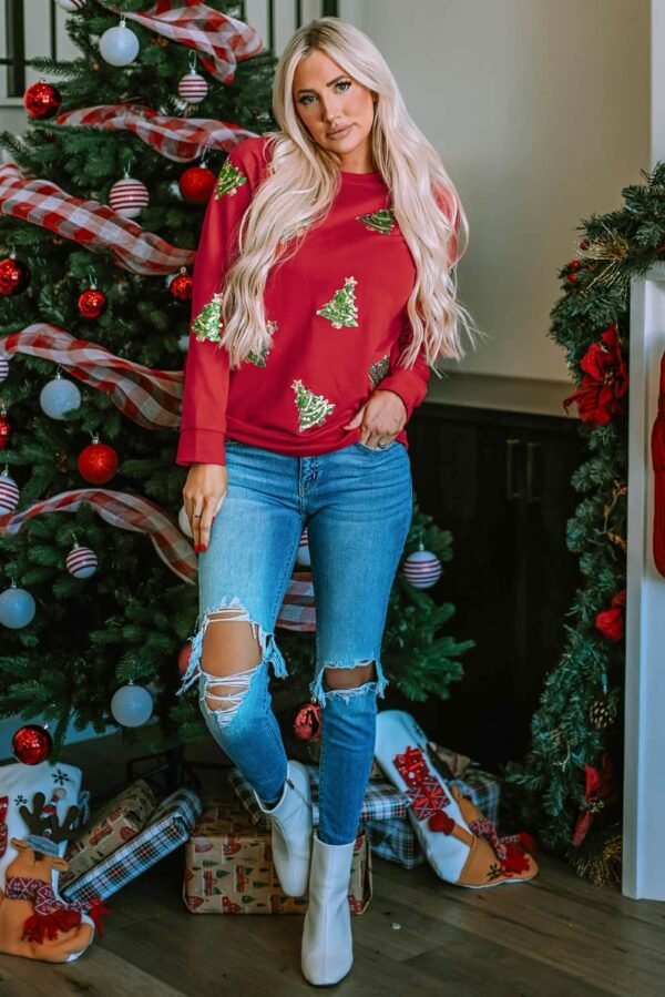 Fiery Red Sequined Christmas Tree Raglan Sleeve Sweatshirt