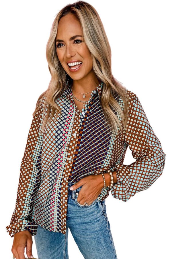 Brown Dot Print Long Sleeve Button Down Shift Shirt