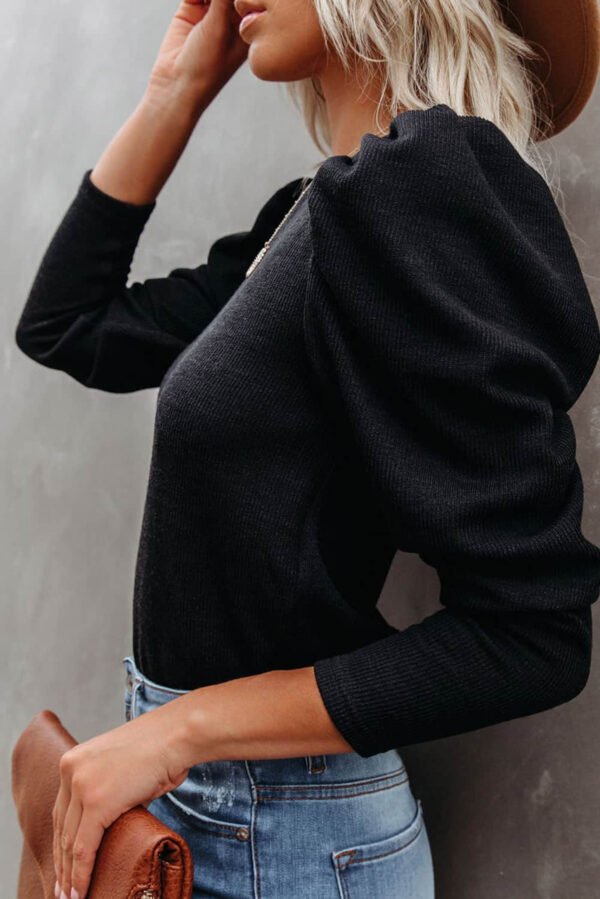 Black Solid Puff Sleeve Ribbed Knit Top