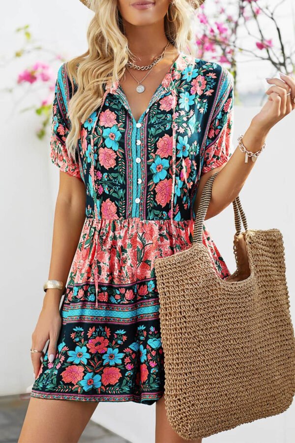 Multicolor Spring Floral Buttons Short Sleeve Romper