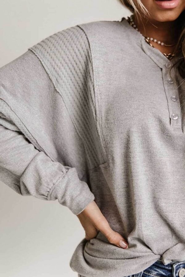 Gray Waffle Patchwork Dolman Sleeve Henley Top