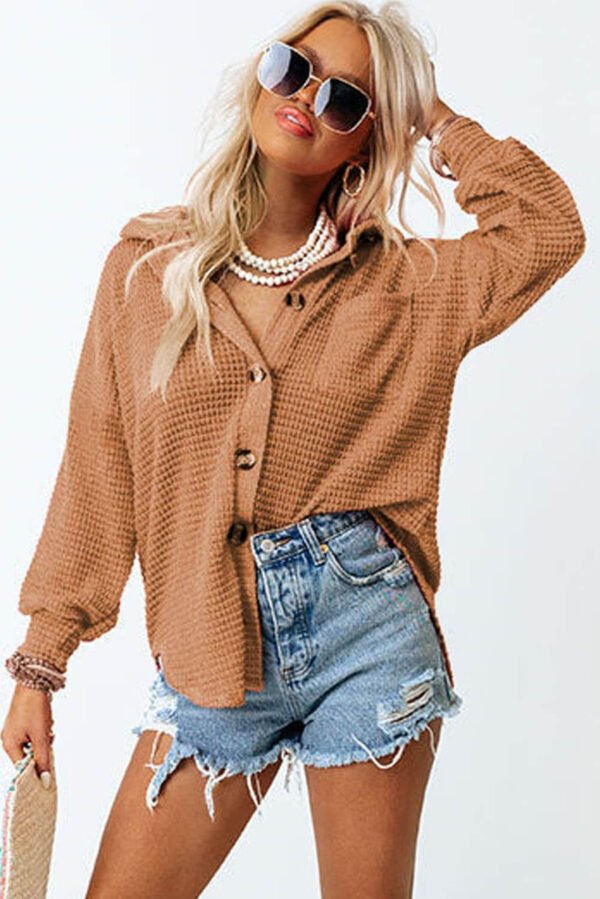 Brown Waffle Knit Button Up Casual Shirt