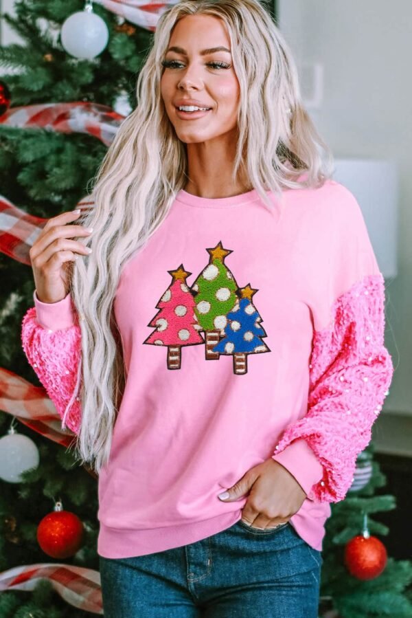 Pink Sequined Sleeve Christmas Tree Graphic Sweatshirt