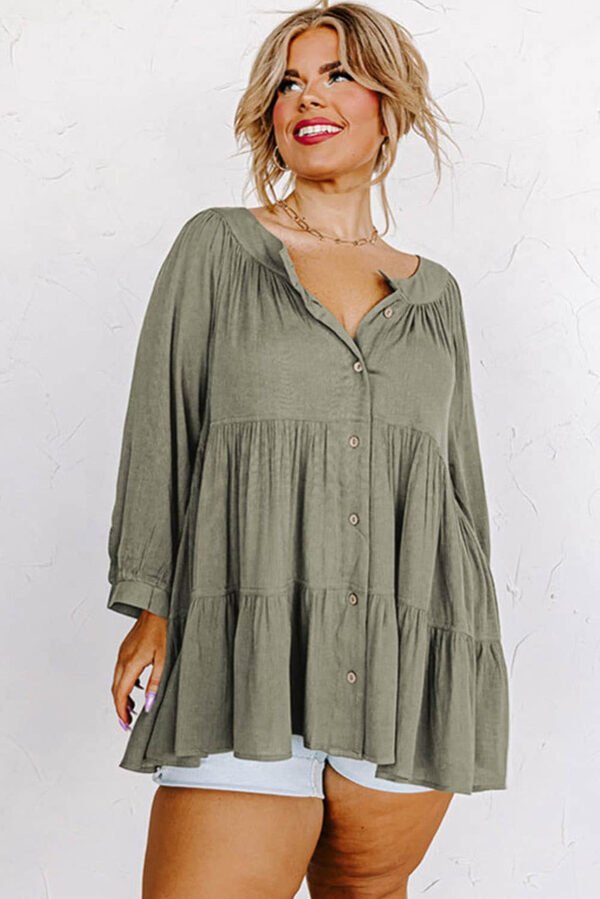 Green Plus Size Ruffle Tiered Split Neck Shirt