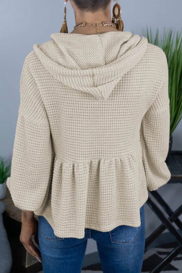 Apricot Waffle Knit Buttons Ruffled Hooded Top