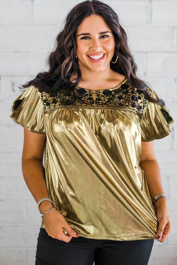 Gold Plus Size Floral Embroidered Short Sleeve Top