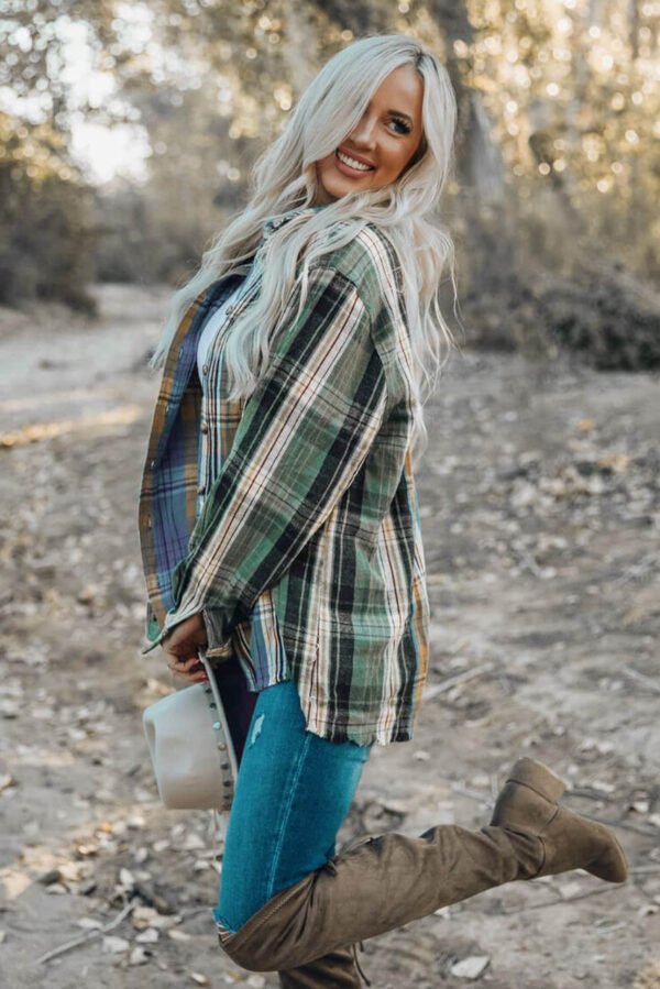 Green Chest Pockets Button Up Plaid Shacket