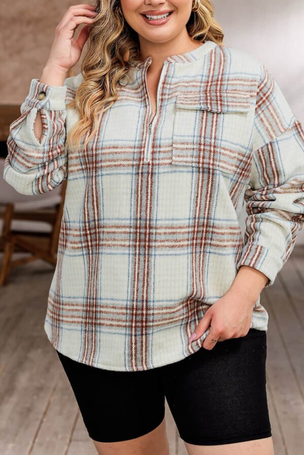 Beige Plus Size Plaid Half-Zipper Sweatshirt with Chest Pocket