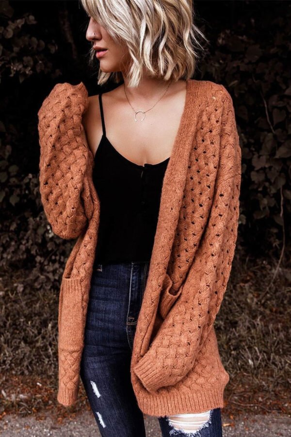 Brown Open Front Woven Texture Knitted Cardigan with Pockets
