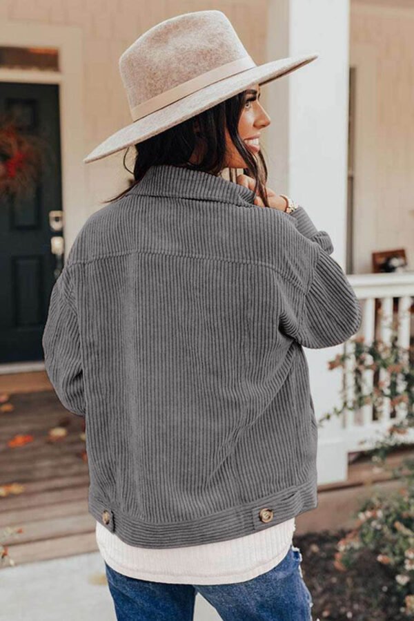 Gray Ribbed Corduroy Long Sleeve Jacket with Pocket