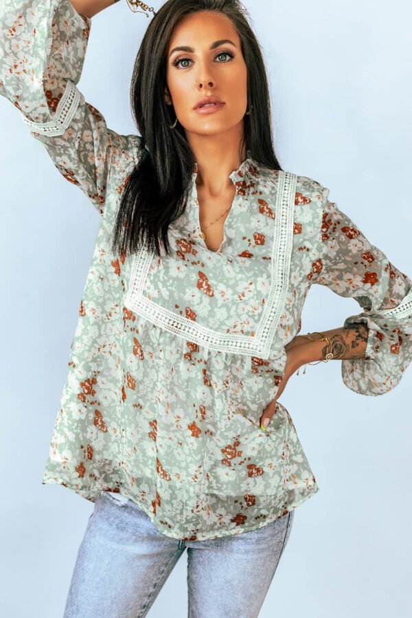Green Floral Print Lace Crochet Trim Blouse