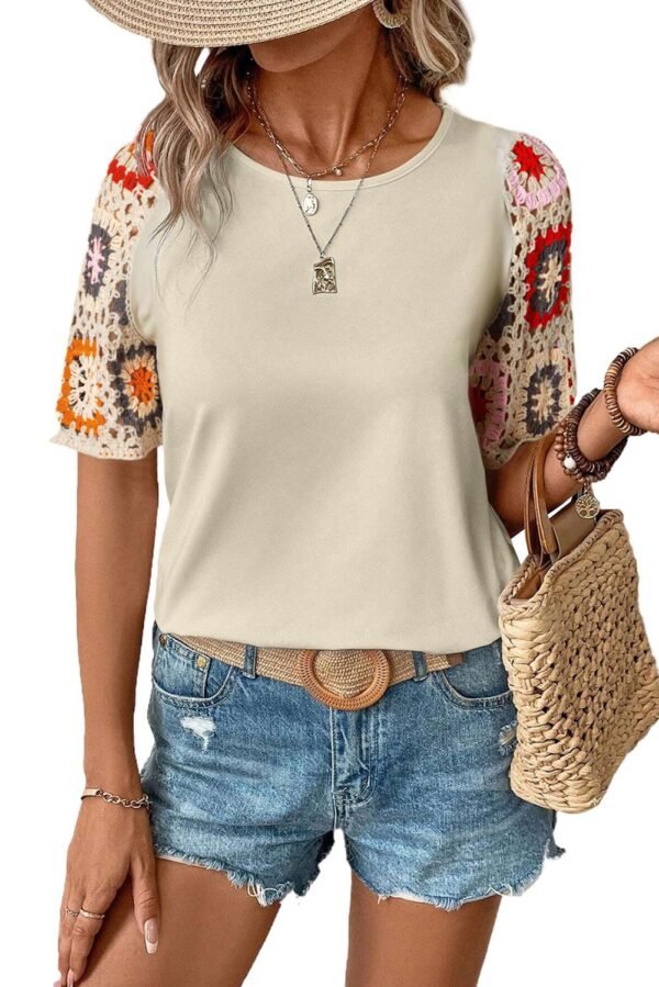 Parchment Floral Crochet Short Sleeve Top