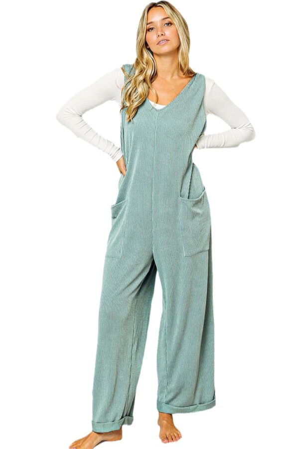 Moonlight Jade Corded Tie Straps V Neck Wide Leg Jumpsuit