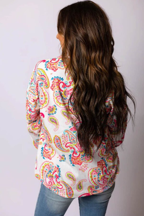 White Paisley Pattern Print Buttoned Corduroy Shacket