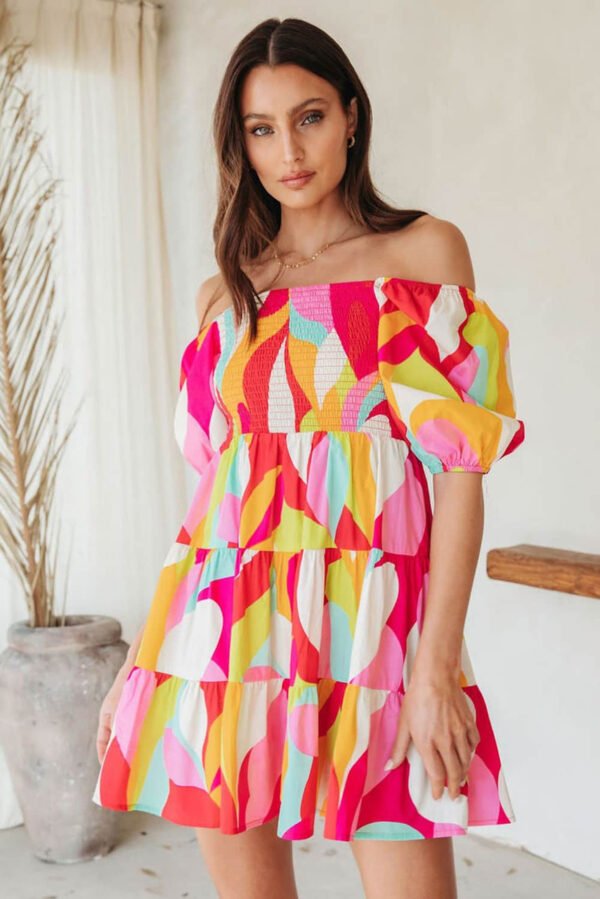 Multicolor Geometric Print Smocked Babydoll Mini Dress
