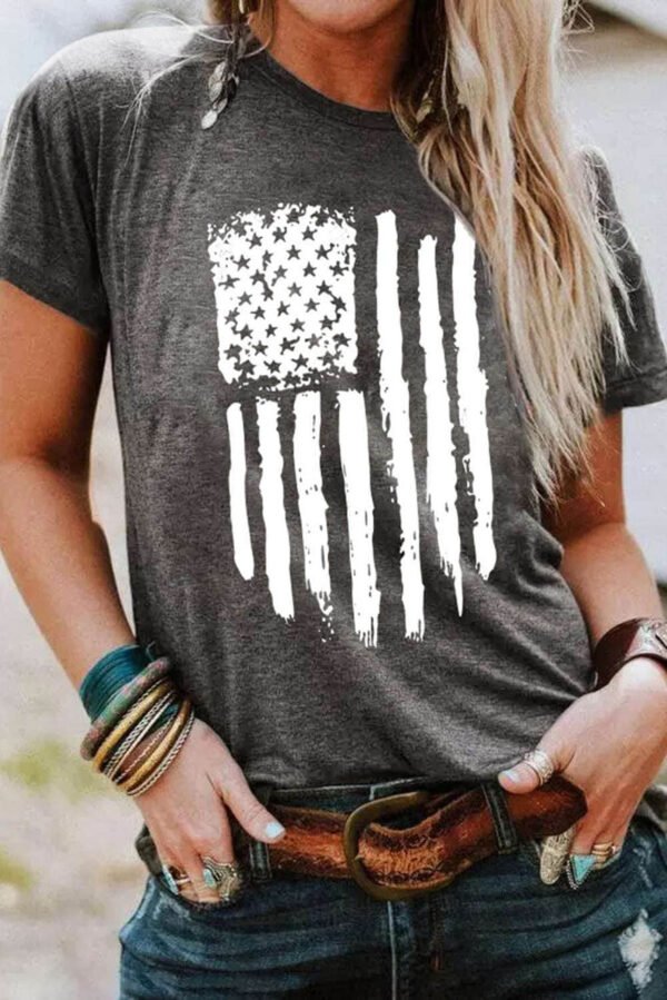 Gray America Flag Print Short Sleeve Crewneck T-shirt