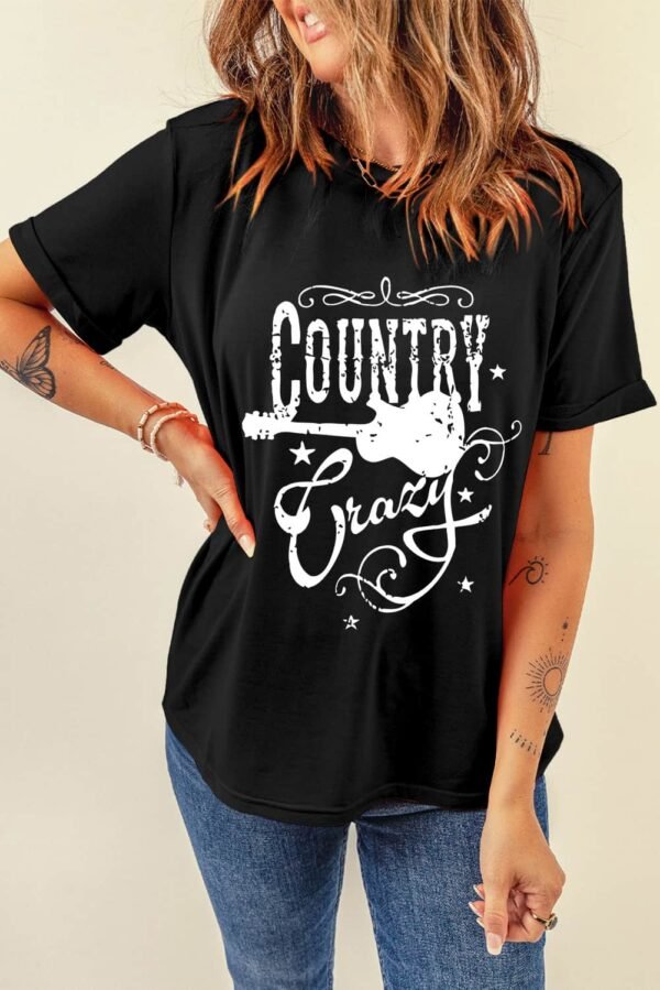 Black Country Music Crazy Print Crew Neck T Shirt