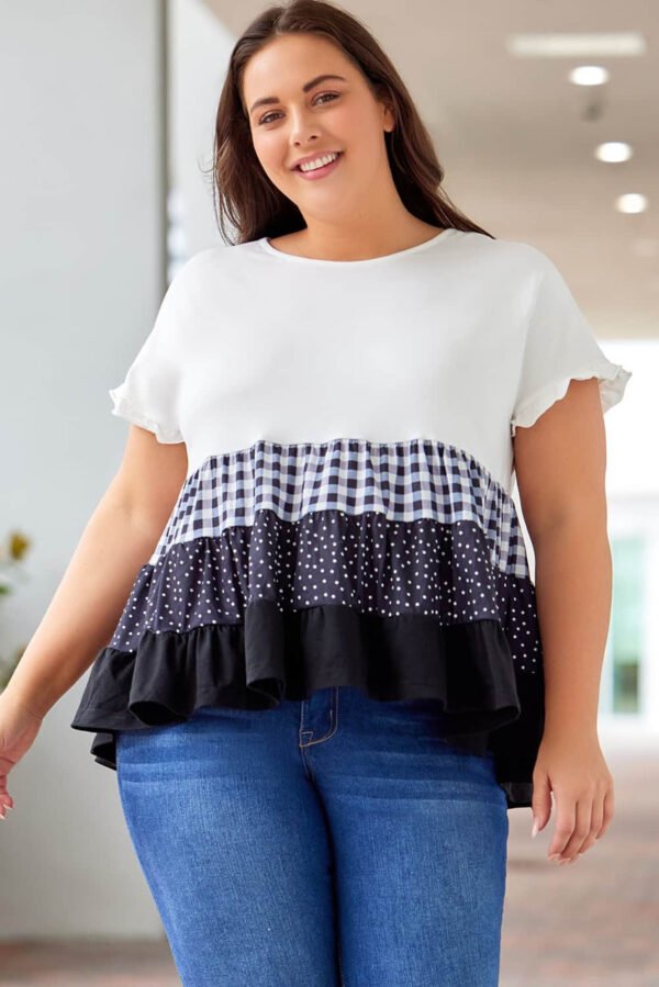 White Plaid Dot Ruffled Plus Size Babydoll Top