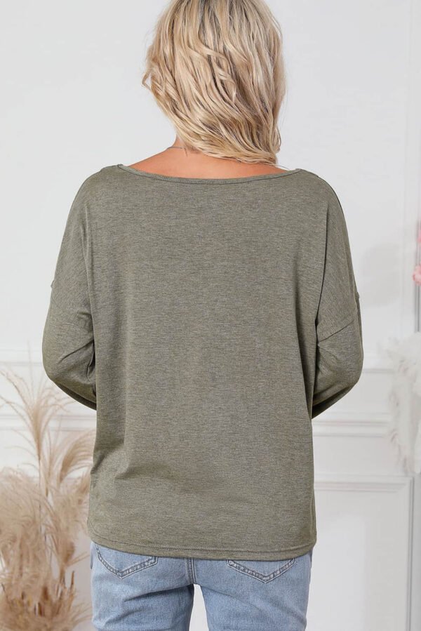 Khaki Long Sleeve V-Neck Stitching Henley Top