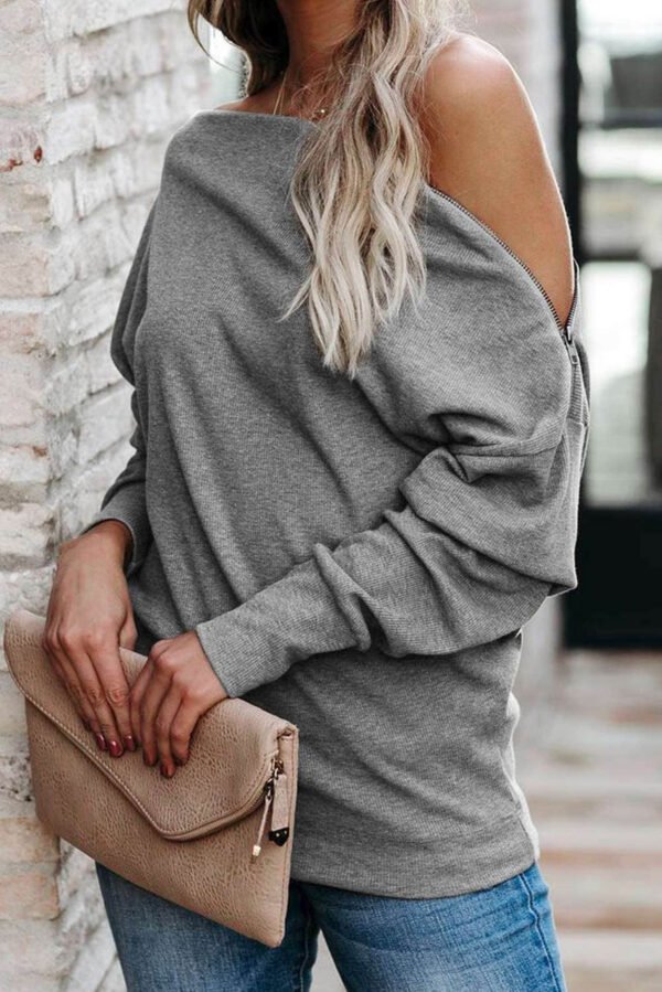 Gray Ribbed Zip Knit Top