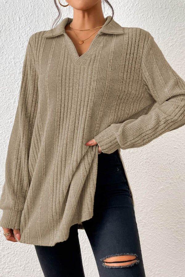 Apricot Ribbed Knit V Neck Collared Split Hem Tunic