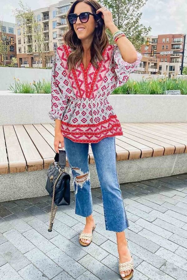 Red Geometric Print 3/4 Sleeve V-Neck Shirred Waist Flared Blouse