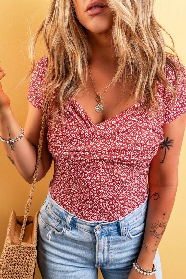 Red Wrapped V Neck Short Sleeve Floral Bodysuit