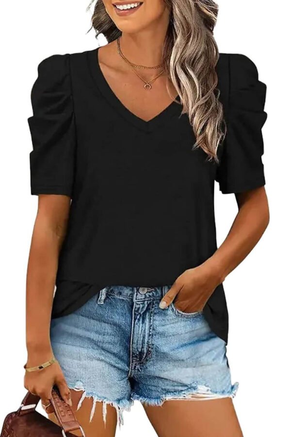 Black Puff Sleeve V-Neck T-Shirt