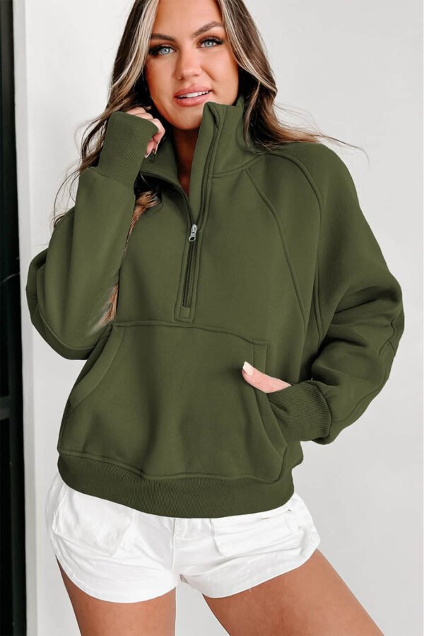 Green Zip Up Stand Collar Ribbed Thumbhole Sleeve Sweatshirt