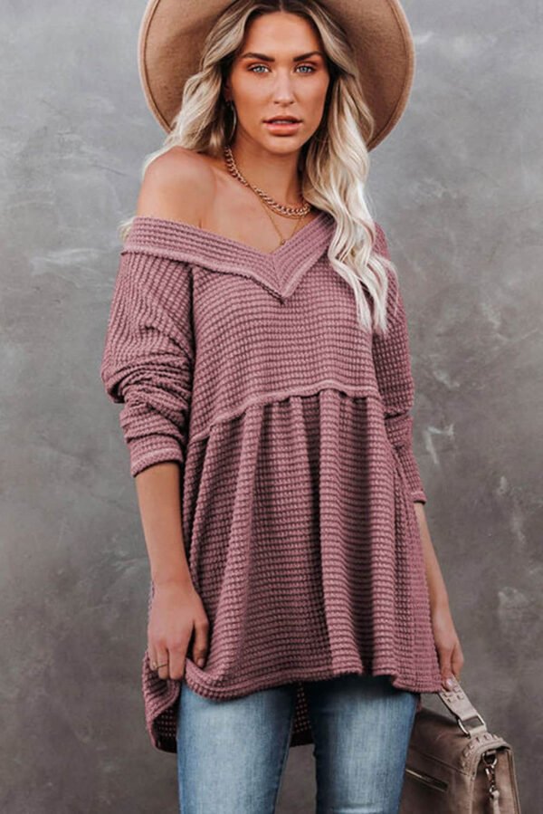 Pink Waffle Knit V Neck Long Sleeve Babydoll Top