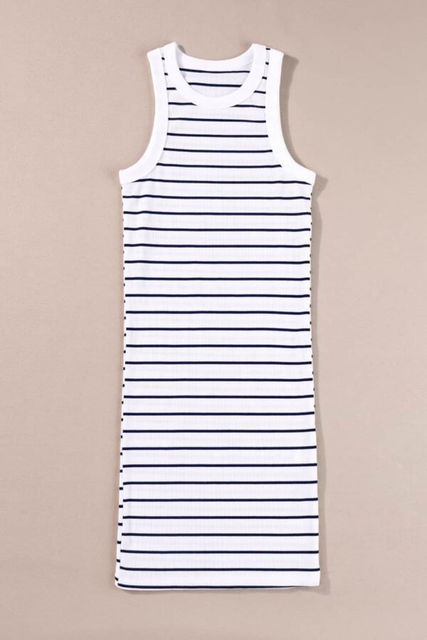 White Stripe Ribbed Knit Tank Mini Dress