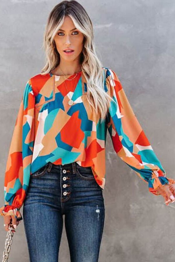 Multicolor Abstract Pattern Crewneck Ruffled Puff Sleeve Blouse