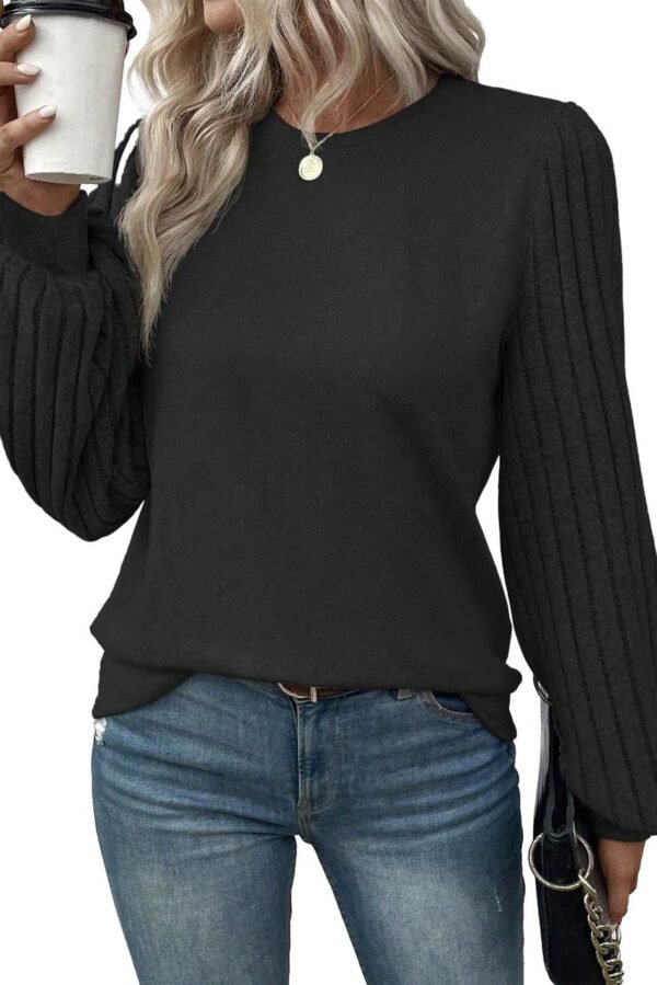 Black Contrast Ribbed Bishop Sleeve Top