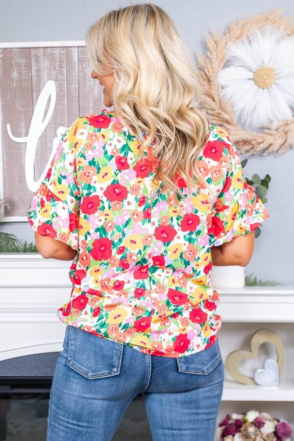 Red Floral Print Ruffled Short Sleeve V Neck Blouse