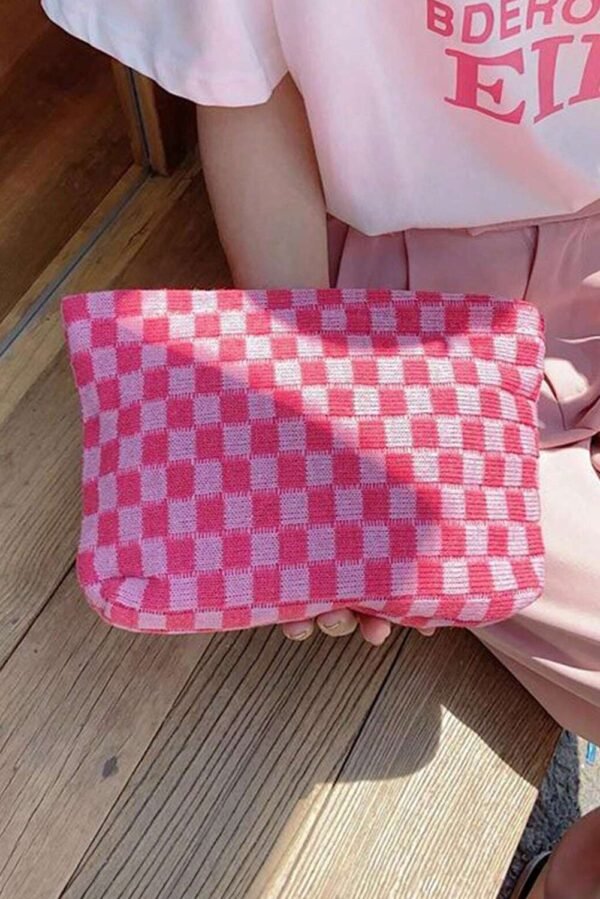 Bright Pink Checkered Print Cosmetic Bag