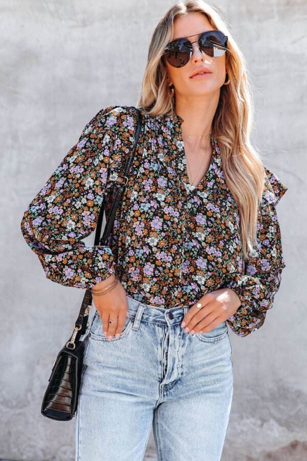 Floral Print Ruffled Bubble Sleeve Shirt