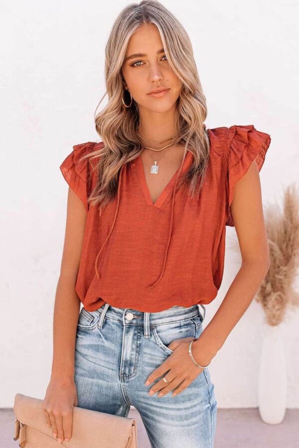 Tiered Ruffled Drawstring V Neck Top