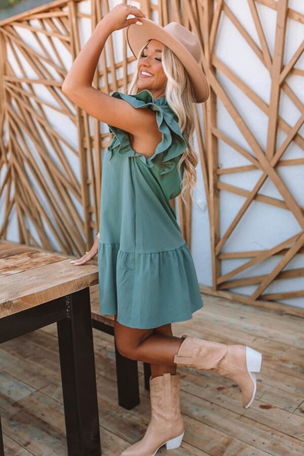 Green Tiered Ruffled Sleeves Mini Dress with Pockets