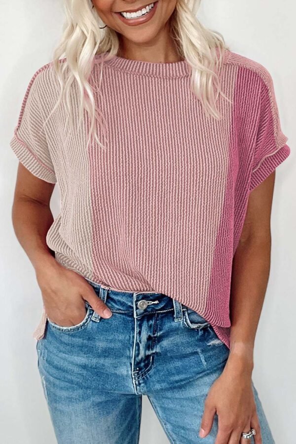 Pink Textured Colorblock Crew Neck T Shirt