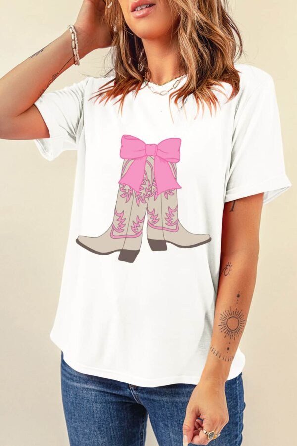 White Western Boots Bow Print Round Neck T Shirt