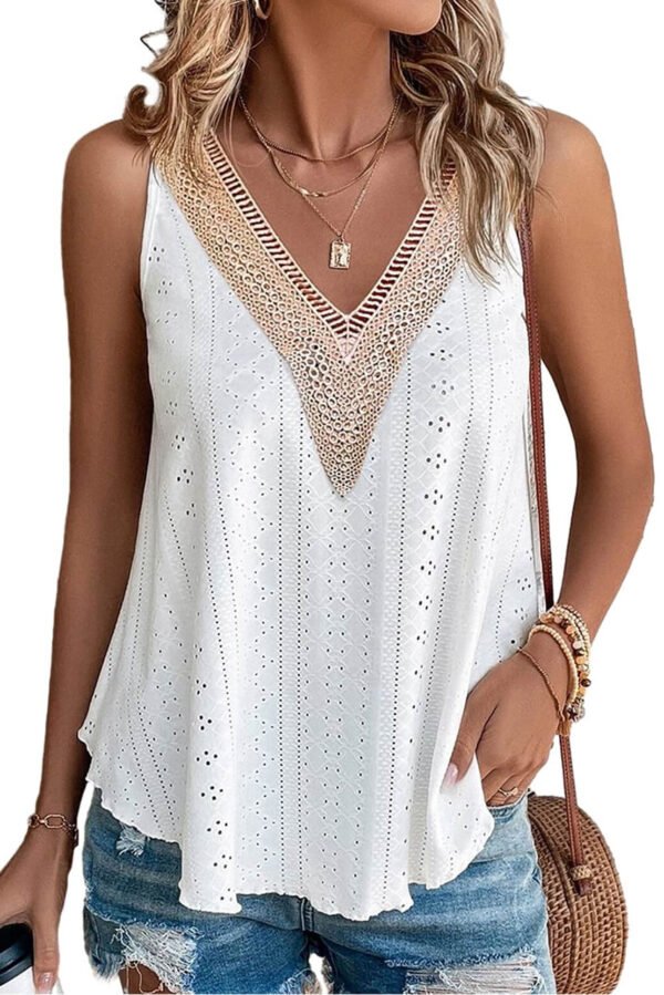 White Lace Crochet Splicing V Neck Loose Fit Tank Top